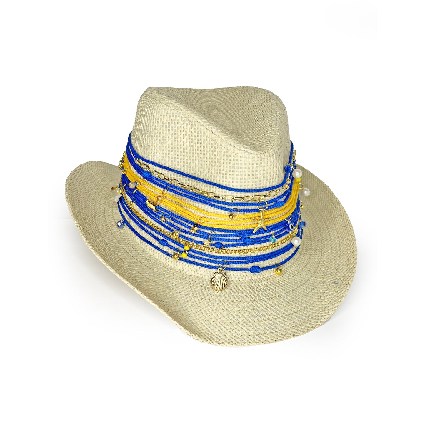 Stylish Summer Hat with royal blue and yellow Ropes, Vintage Chains, Colorful Hanging Beads, and Charms - Perfect for the Sunny Season!"