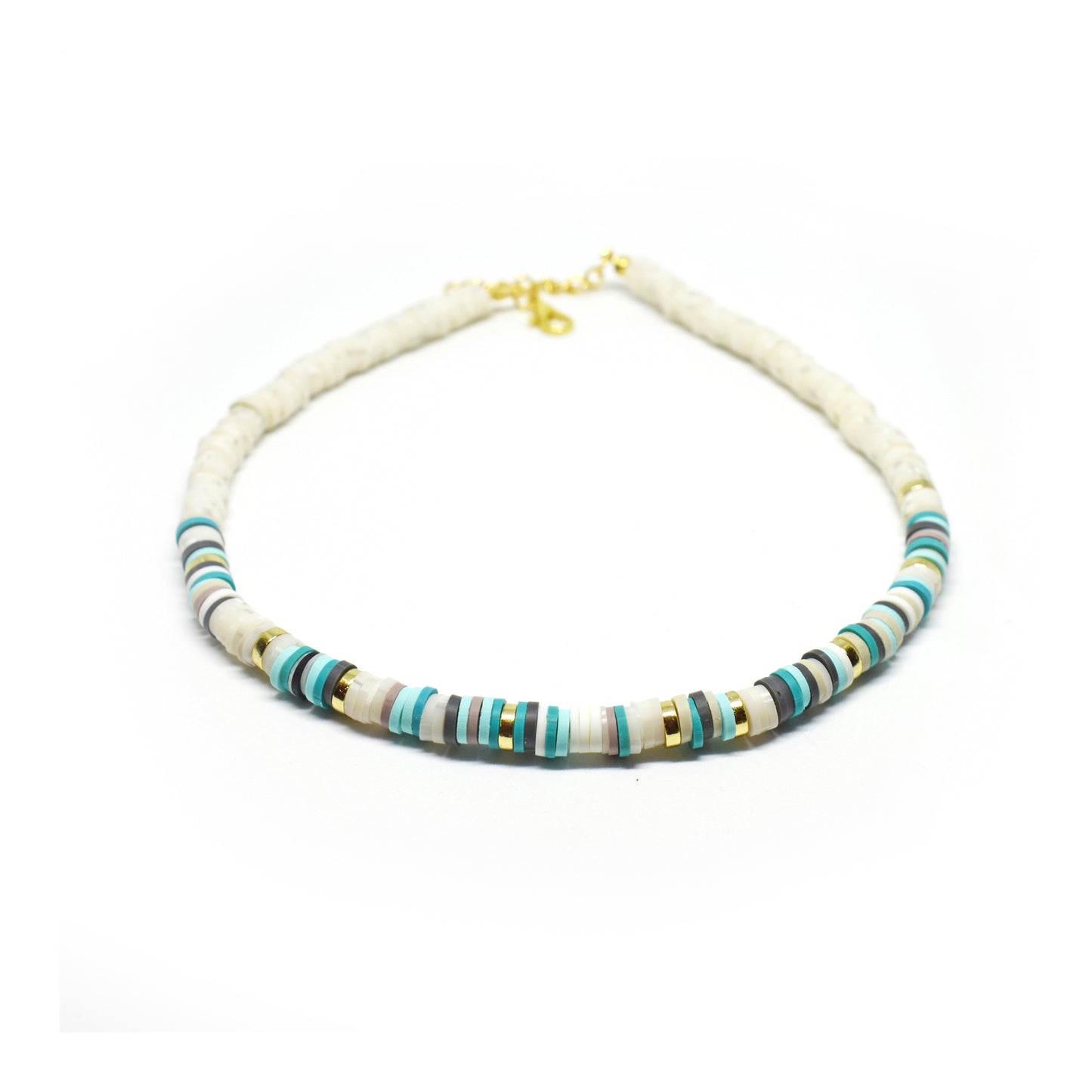Surfer beads ocean colors necklace with gold separator and adjustable chain connector.