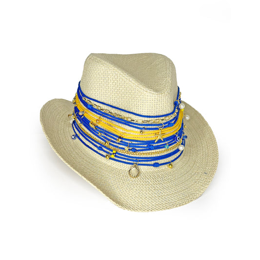 Stylish Summer Hat with royal blue and yellow Ropes, Vintage Chains, Colorful Hanging Beads, and Charms - Perfect for the Sunny Season!"