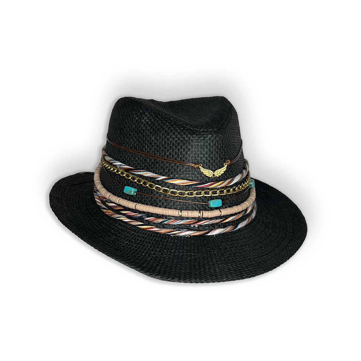 Black Straw Hat with laces beads and charms perfect for summer beach days to protect from sun