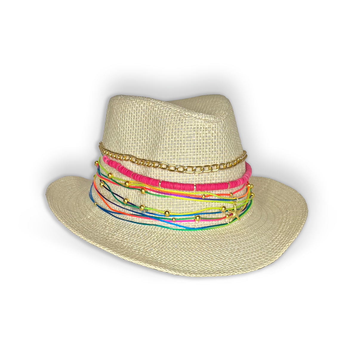 beige beach hat with colorful strands and gold beads and gold chain