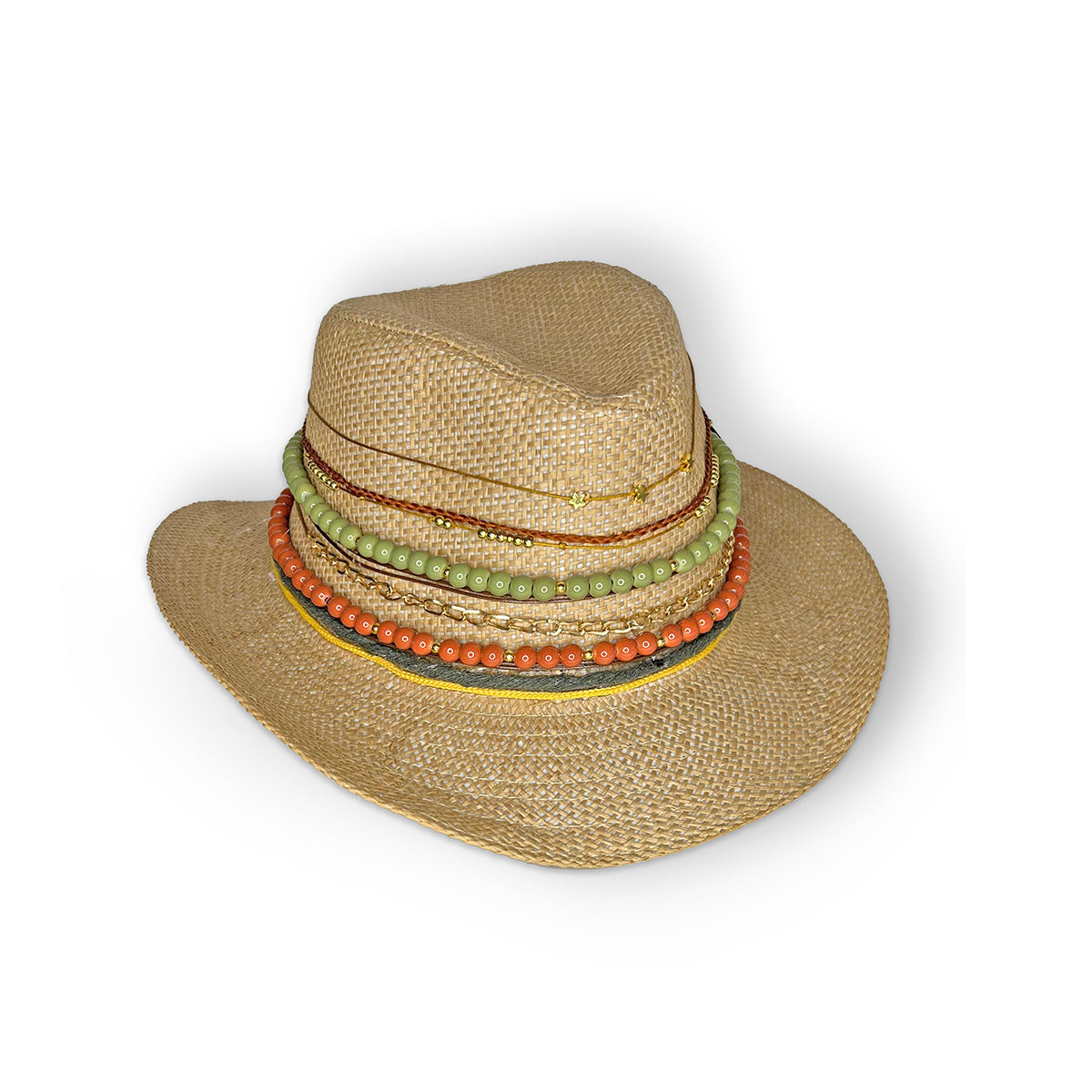 Mocca Beach Hat with olive green and brown beads with charms and strands