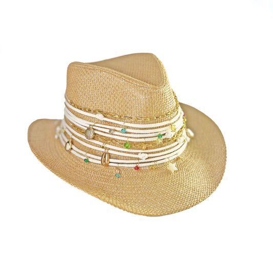 beige Summer hat handcrafted with white rope and goldens chains with many different colors of beads and charms to protect from the sun and stay cool 