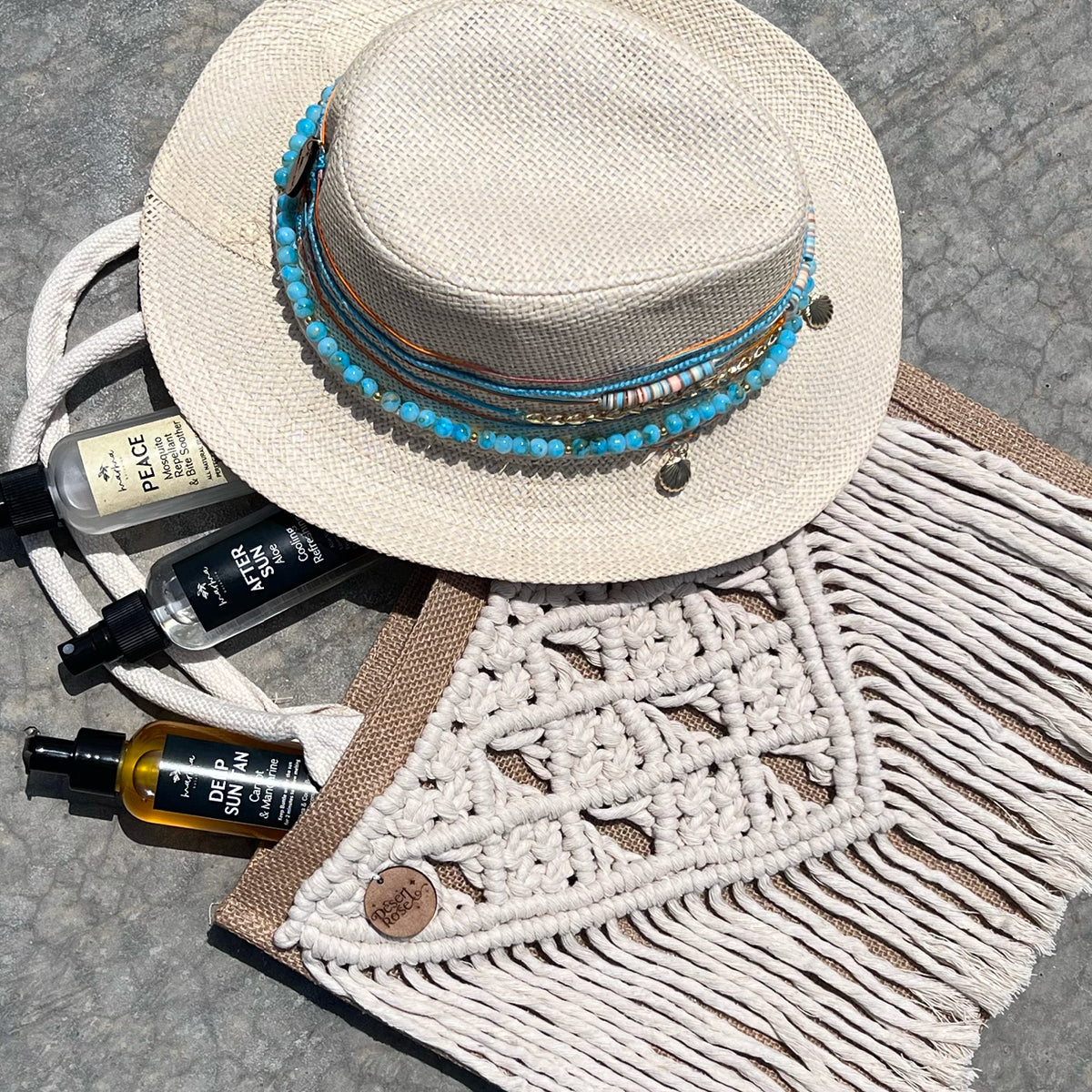 Summer Essentials Bundle Tanning oil after sun mist and mosquito repellent, hat decorated with colorful beads and charms and handmade macrame beach bag.