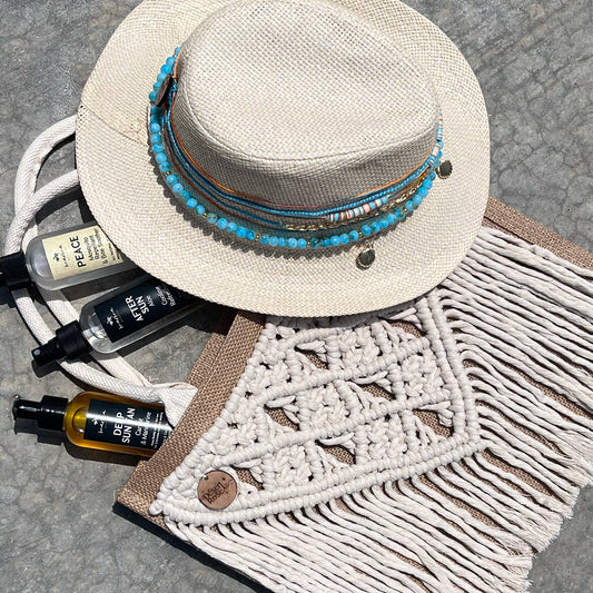 Summer Essentials Bundle Tanning oil after sun mist and mosquito repellent, hat decorated with colorful beads and charms and handmade macrame beach bag.