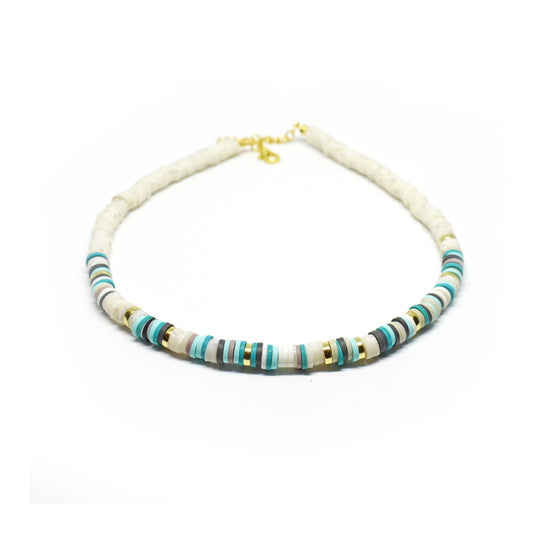 Surfer beads ocean colors necklace with gold separator and adjustable chain connector.