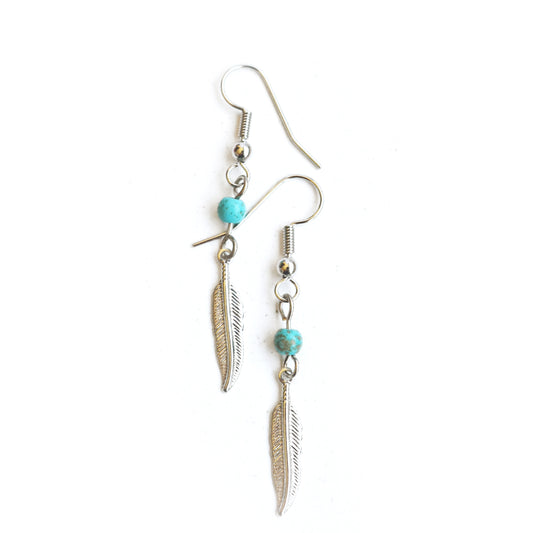 Boho chic silver feather earring with turquoise beads
