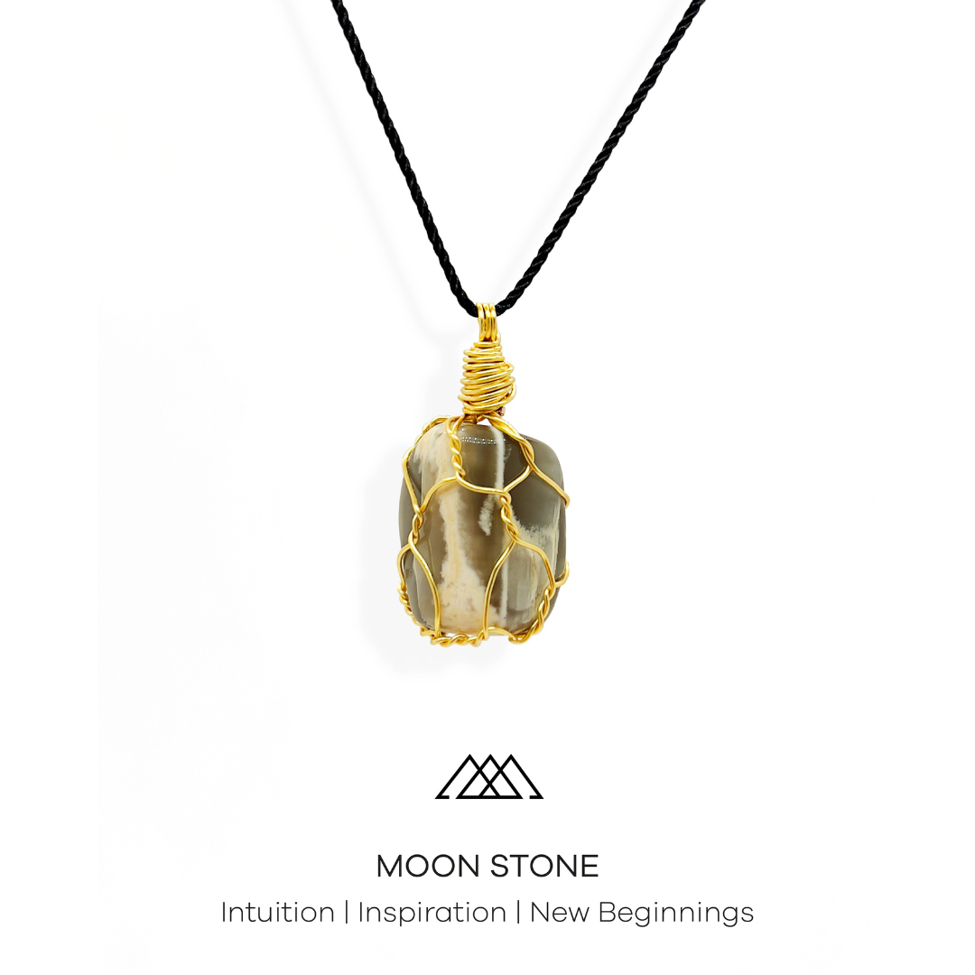 Moonstone is a gemstone that embodies intuition, inspiration, and new beginnings. When wrapped with gold wire, it creates a beautiful and one-of-a-kind piece of jewelry. Online Shop for jewelry