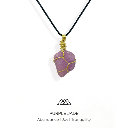  Experience Abundance, Joy, and Tranquility with the Purple Jade Crystal Pendant This stunning crystal pendant is made from intricately wrapped purple jade and gold wire, making it a one-of-a-kind piece. 