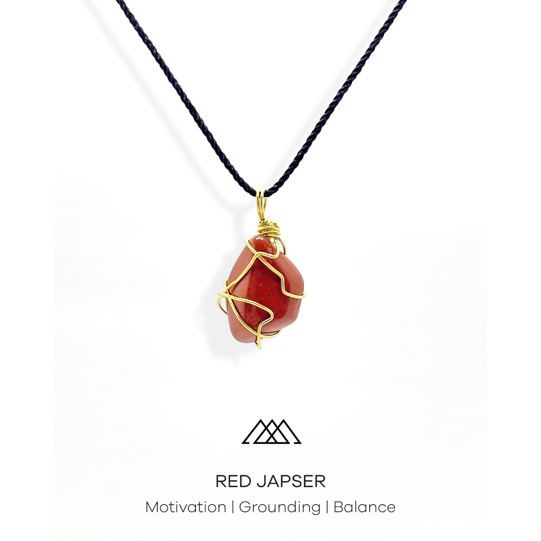 The Red Jasper crystal is perfect for achieving motivation, grounding and balance. This crystal is beautifully wrapped with gold wire, adding a touch of uniqueness to the pendant.