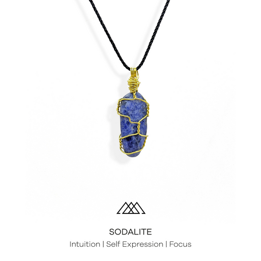 Sodalite: A Crystal for Enhancing Intuition, Self Expression and Focus This exceptional crystal pendant is carefully wrapped in gold wire, giving it a one-of-a-kind look. Sodalite is renowned for its ability to improve intuition, self-expression, and concentration.
